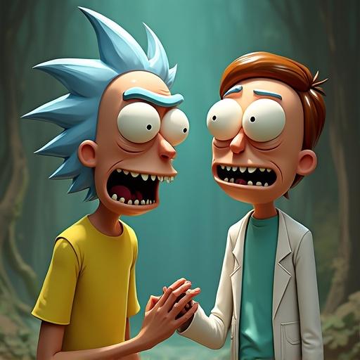 Rick and Morty characters are standing together in a forest. Rick has spiky blue hair and wears a yellow shirt. Morty has brown hair and is in a white lab coat. They are smiling and reaching out to each other.