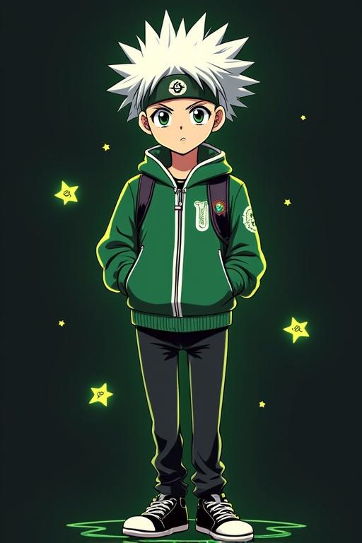 Anime style character with spiky hair wears a green jacket and black pants. Headband features a symbol. Depicted with a dark background and glowing accents. Character is in a confident pose with hands in pockets.