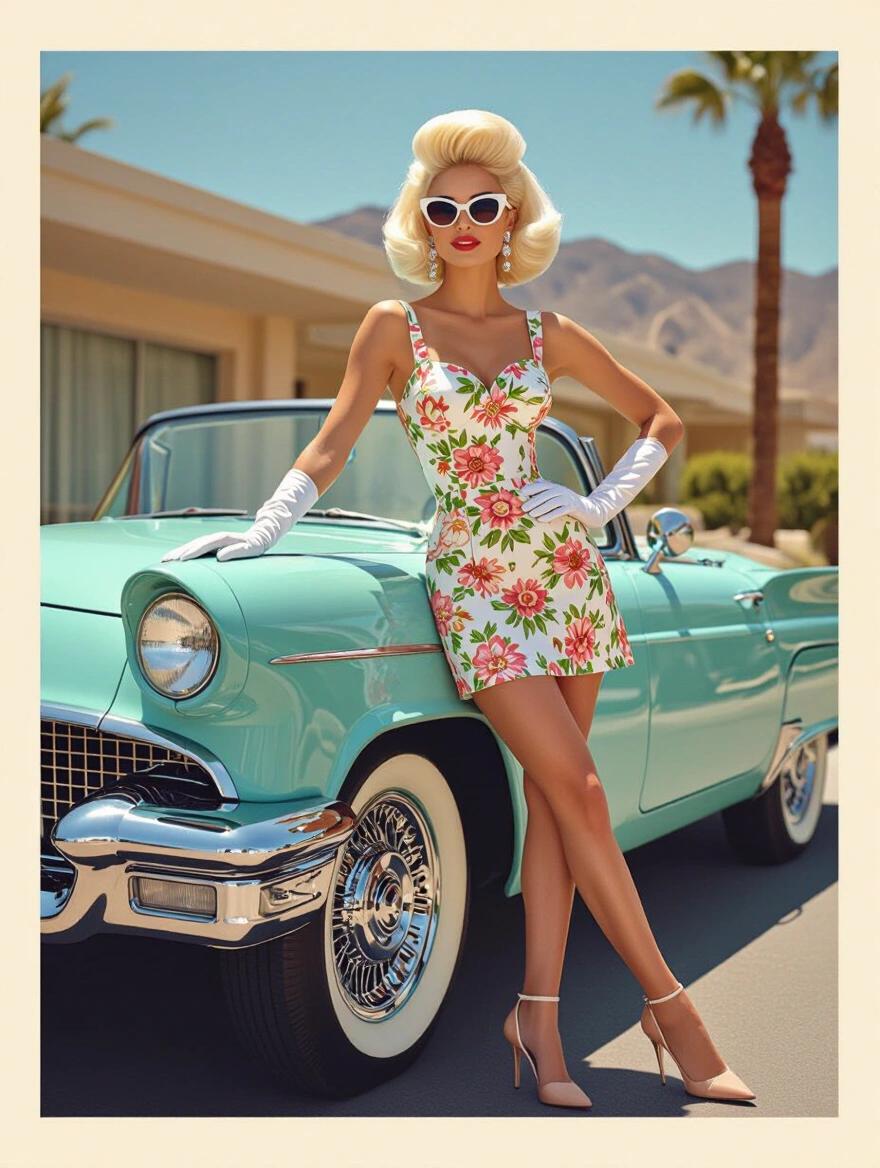 A 1960s woman with a platinum blonde mini beehive hairstyle in floral sundress leans against a vintage convertible in front of a Palm Springs hotel. She wears cat-eye sunglasses and white gloves. Full body view, high heels, mid-century sophistication and leisure atmosphere. Rendered in Slim Aarons style with vibrant colors and clean lines.