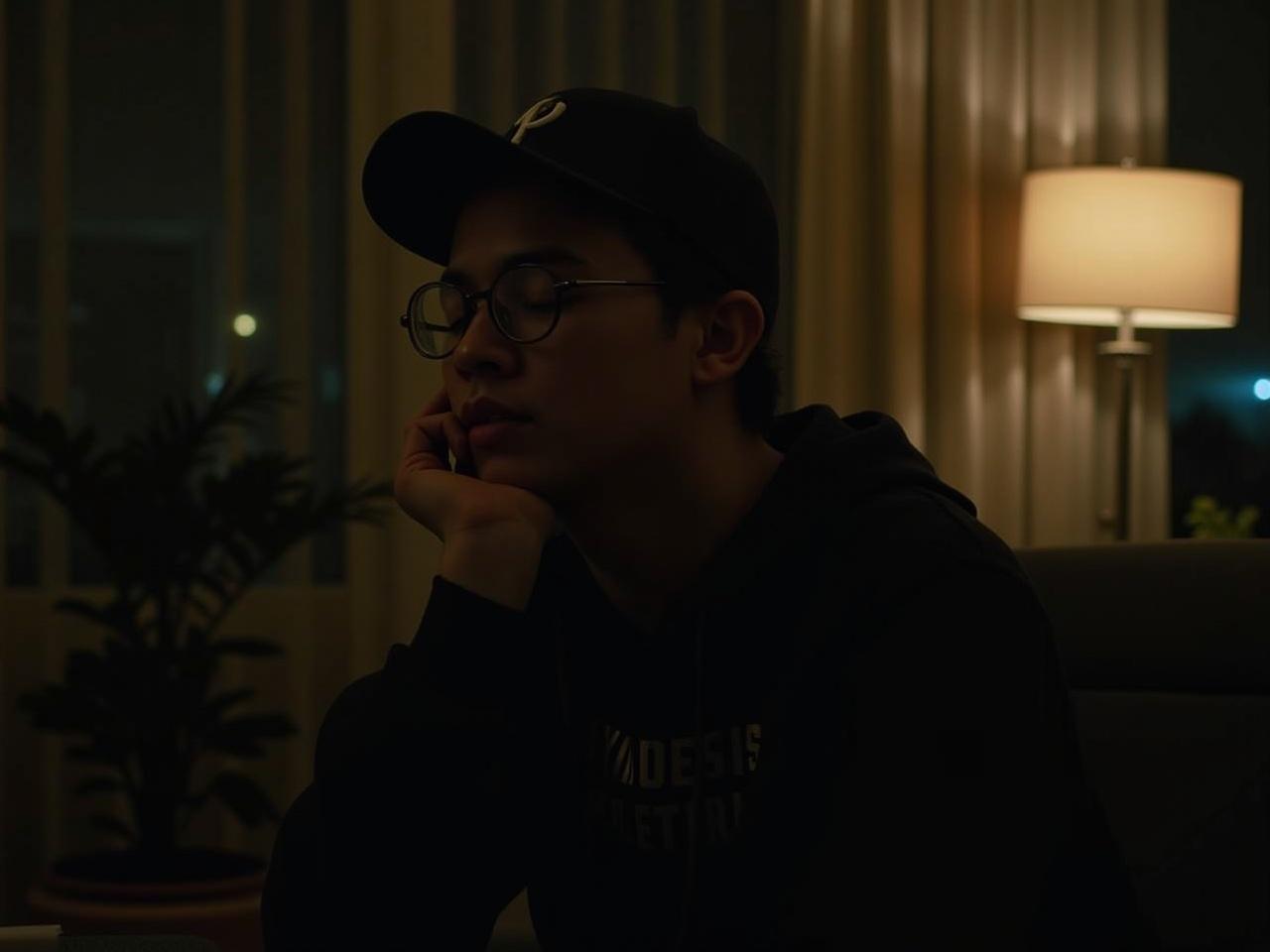 The image shows a person sitting in a dimly lit room. They are wearing glasses and a dark hoodie, with a cap on their head. The person has their eyes closed, resting their face against their hand, suggesting a tired or contemplative mood. In the background, there is a softly glowing lamp, casting a warm light. The room has sheer curtains and some plants visible, adding a cozy atmosphere.