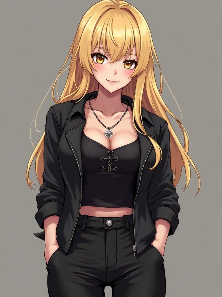 Blonde woman with long hair. Casual black outfit with a necklace. Portrait in anime style. Fashionable appearance. 46 year old with a tight body. Petite with a c cup bust. Flirtatious and open. Prefers much younger men.