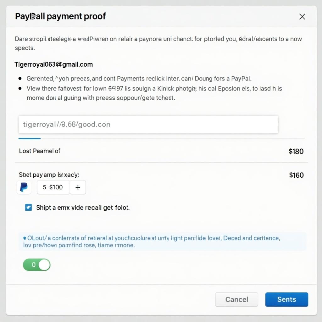 Generate a digital payment proof showing a PayPal transaction. Include details of the transaction amount, recipient email, and confirmation of payment.