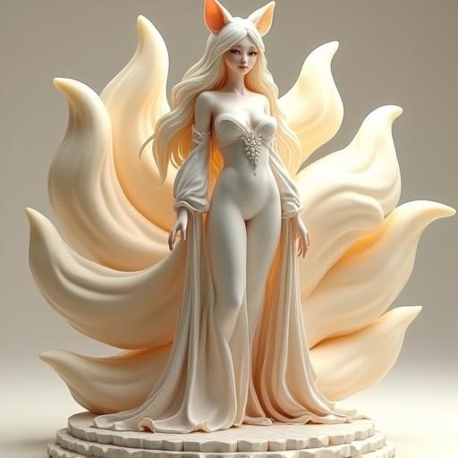 Sensual female figure inspired by a nine-tailed fox. Light skin and long white hair with soft highlights. Cream-colored fox ears with golden tips. Wears a fitted dress in ivory, pearly white, and pale gold. Nine large fluffy tails are light beige with pale gold gradient. Poses majestically like a kitsune goddess. Smooth stone base with white smoke or soft golden fire. Mystical and refined style. Suitable for resin printing.