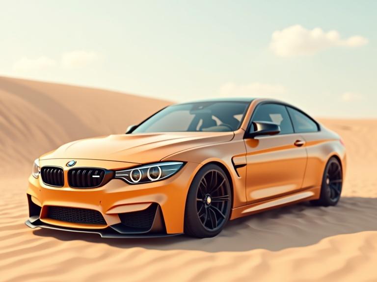 Modern BMW sedan in orange color on desert sand. Low angle view showcasing sleek design and powerful stance. Desert background creates a dramatic effect.
