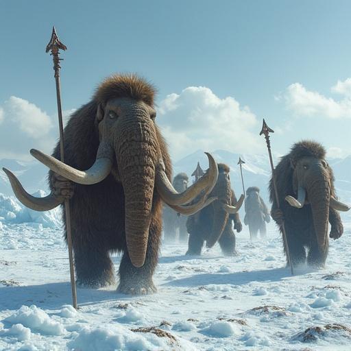 Mammoths in an icy Antarctic landscape hunted by a group of Neanderthals throwing spears.