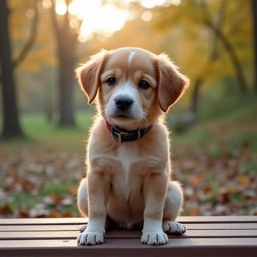 A golden retriever dog sitting on a wooden bench in a park during autumn. Surrounding trees are in soft focus with warm sunlight shining through leaves.