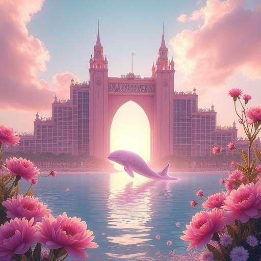Surreal romantic fantasy reinterpretation of Atlantis The Palm in Dubai. Iconic pink building is surrounded by pastel clouds and peony flowers. Calm sea glowing in cotton candy colors. Massive translucent whale made of crystal sugar or glowing water floats from the central arch. Dreamy sky with soft golden light and dandelion particles. Magical heaven atmosphere. Ethereal lighting and soft depth of field create a fantasy scene.