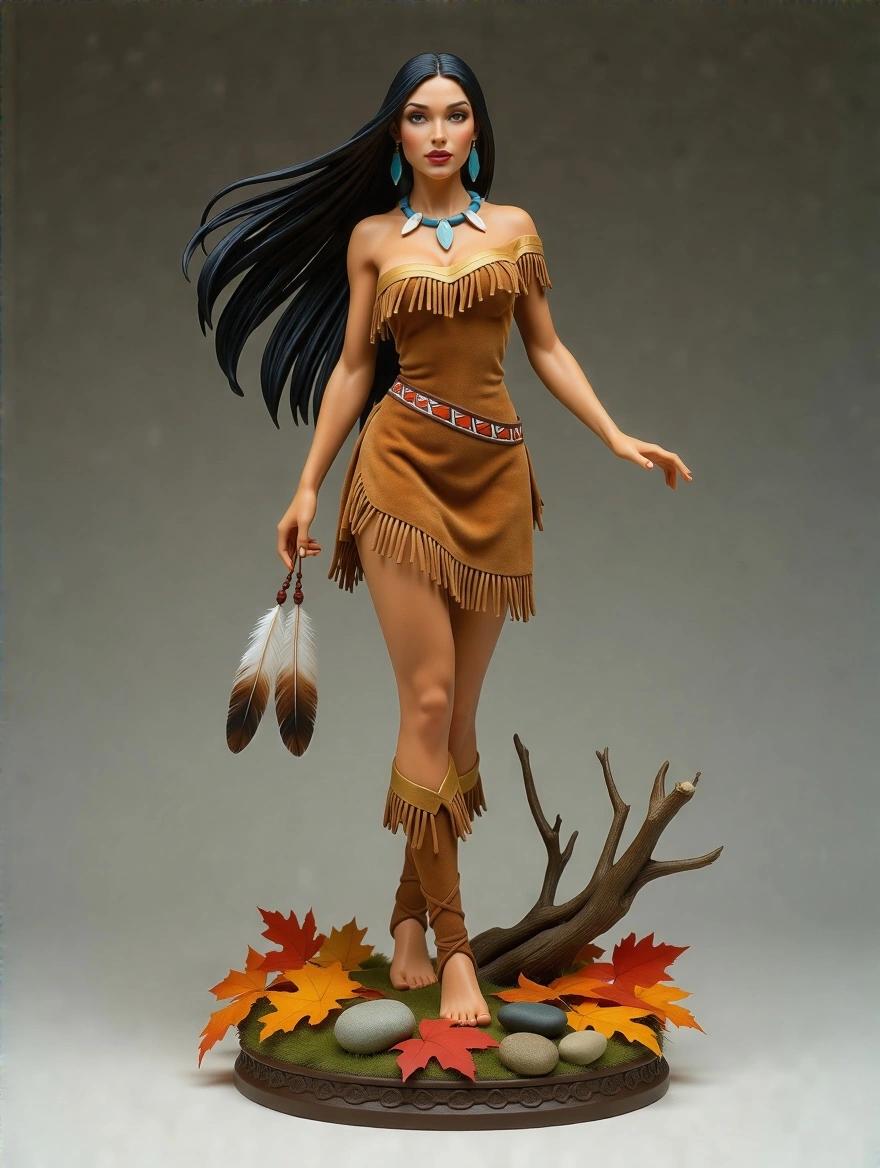 A hypersexualized resin statue of a beautiful woman inspired by Pocahontas. She stands on a base decorated with autumn leaves and stones. The statue features short, fitted brown suede dress with gold details. Long black hair flows in the wind. She strokes a hummingbird on her finger while resting a hand on her hip. Expression is serene and confident with a wise gaze. Studio-photographic lighting enhances the glossy finish.