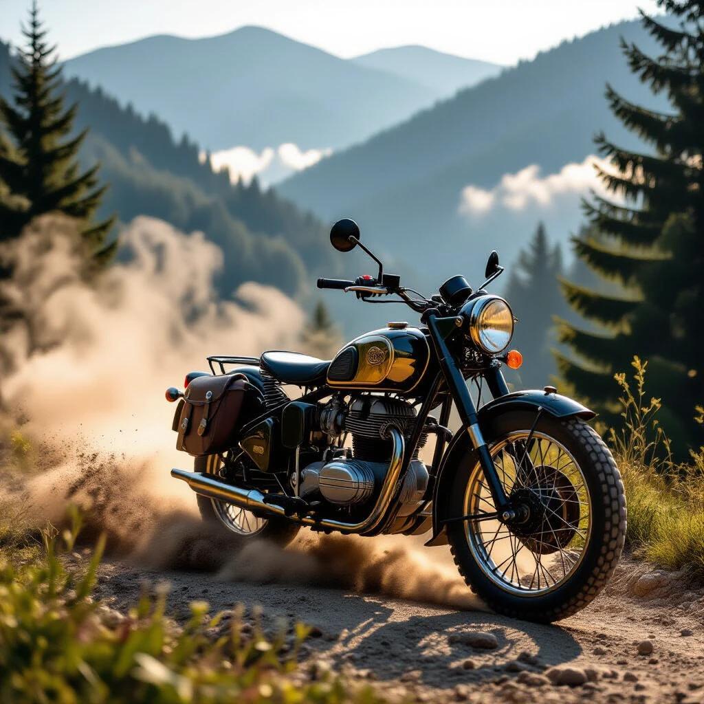 1925 motorcycling adventure in Romania features a vintage motorcycle. Dust cloud trails from knobby tires. Pine forests and misty valleys create a scenic backdrop. Detailing shows brass fuel tank reflections and stitched leather saddle. Engine emits heat haze. Captured with Hasselblad H6D 100c at f/5.6 for realism. Kodak Autochrome colors enhance texture clarity. Background exhibits motion blur. Perfect lighting in golden hour.