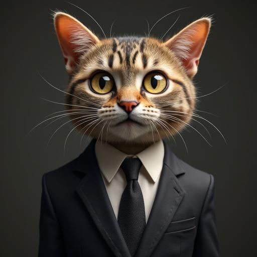 A semi-realistic cat in a formal suit has wide, sparkling eyes. The cat's mouth is slightly open in surprise, and its ears are perked up.