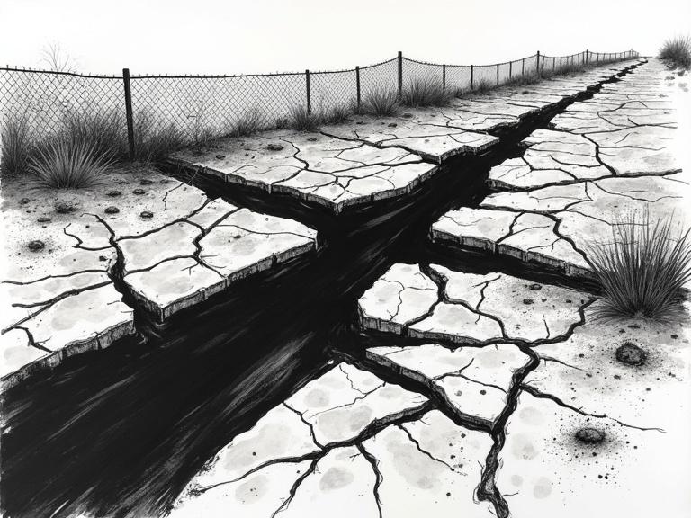 Top-down view of a fractured road. The road has jagged cracks and broken lines. Terrain below is dry cracked earth. A bent chain-link fence is visible at the top. The entire image appears as a chaotic black ink drawing. Sharp splatter marks and rough edges dominate the scene.
