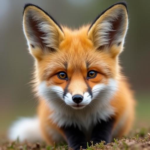 An animal which is a mix between a fox and a rabbit. The creature has orange fur, prominent ears, and a cute appearance. It gazes directly at the viewer in a natural setting.