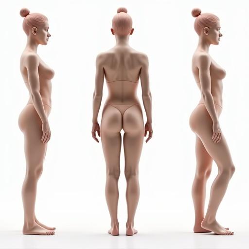 female model shown from multiple angles showcasing natural body curvature with emphasis on measurements and proportions highlighting features like posture and silhouette