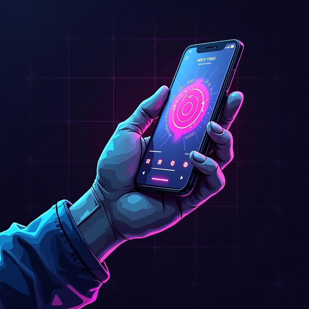 SVG image of a hand gripping a sleek smartphone. Incorporates a clean cyberpunk aesthetic. Intended for web development agency website.