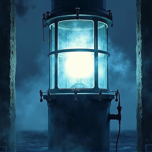 Inside a lantern room at night with close-up view of a rotating lamp. White-hot core shines through misted glass. Sharp beams of light slice through fog. Gears and bolts catch glints of light. Watercolor illustration with dramatic contrasts. Cool moody palette with glowing highlights.