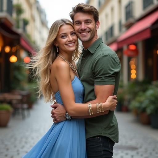 A joyful couple embraces in a beautiful Parisian street with cobblestone paths and quaint cafes. A girl wears a flowing blue short dress and a gold jewelry set. She smiles radiantly with flowing blonde hair and bright eyes. A boy dressed casually in a green shirt hugs her closely. They create an intimate moment against iconic architecture.