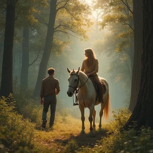 A girl rides a horse through a lush forest. A man stands nearby, watching her. The scene is tranquil with sunlight filtering through the trees.