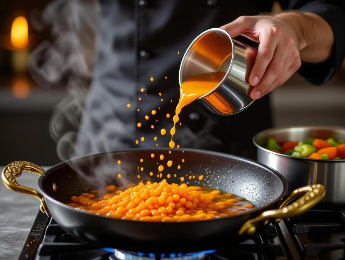 Close-up cooking photograph showing orange ingredients added to a black pan. A hand in a black chef's coat pours bright orange ingredients from a silver container into a steaming black pan. The pan has ornate brass handles and is on a stovetop, with steam rising. The ingredients are small, round, and orange, creating a cascading effect. Warm lighting highlights the steam and vibrant orange color. Another pan with mixed vegetables is out of focus in the background. Professional food photography quality with sharp focus on the pouring action and steam.