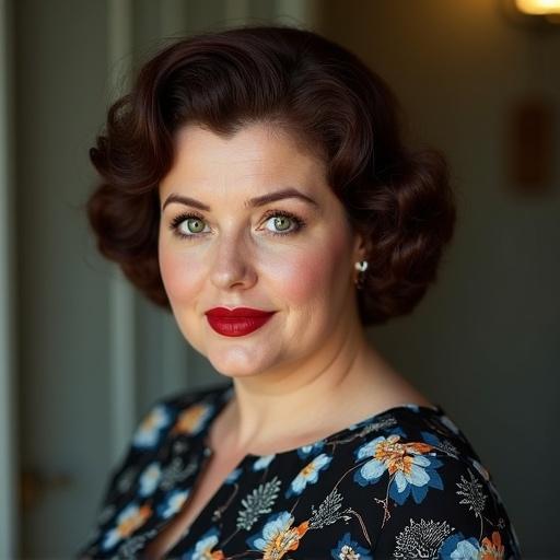 Chubby beautiful 35 years old woman with face wrinkles. She has 1950's hairstyle and big red lips. Wearing a vintage floral black and blue dress. Portrait features an intense glance and green eyes.