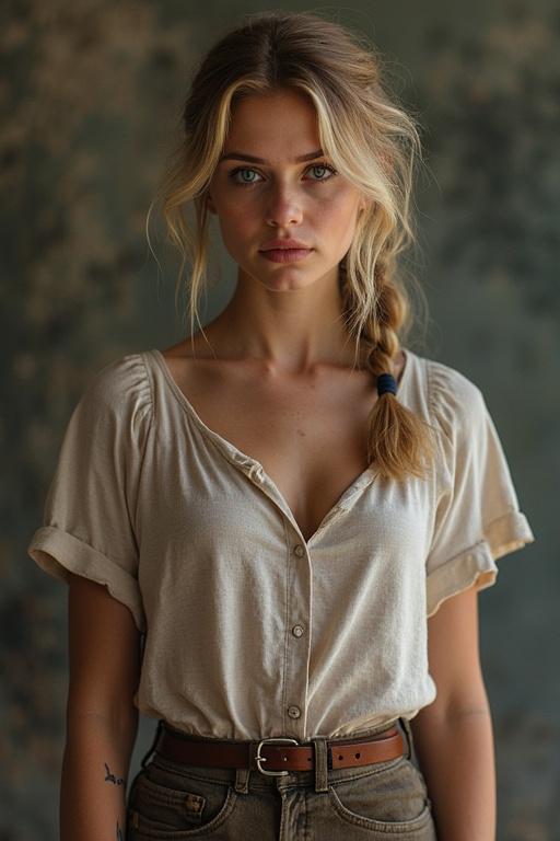 Portrait of a young woman with a serious expression. She has long, wavy hair styled in a braid. She wears a beige button-up shirt and high-waisted jeans. The background has a soft, faded look.