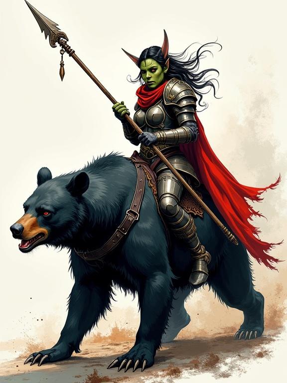 Hand-drawn comic illustration featuring a female goblin warrior. She rides a black bear and holds a spear. The goblin wears heavy armor and a flowing red cape. Detailed skin and fabric textures emphasized with bold outlines. Cinematic composition with high contrast and vivid colors.