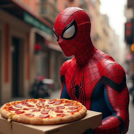 Spider-Man with pizza box stands on a city street. Hyper realistic depiction of a character delivering food. Urban setting with blurred background.