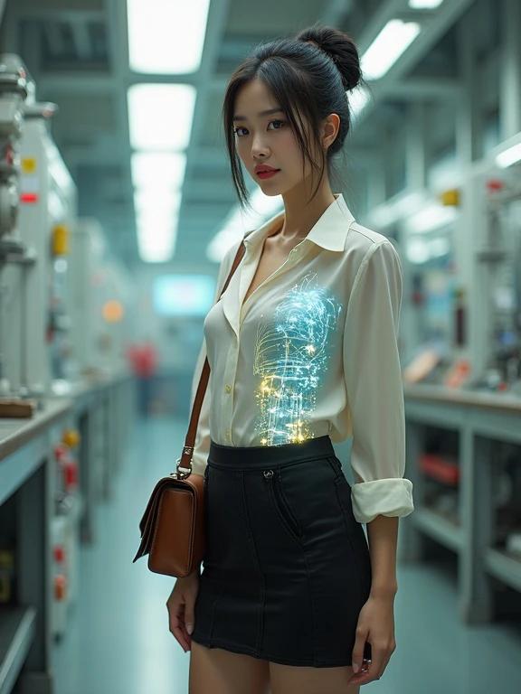 Cyborg female spy in mid-20s stands in a mechanical lab. She wears a pearl-white V-neck chiffon blouse and a black knee-length skirt. Legs clad in sheer black pantyhose and black low-block-heels. Brown satchel slung over her figure. Long black hair in a bun. Simple makeup and red lips curve into a slight smile. An X-ray visual of her torso reveals intricate mechanical components.