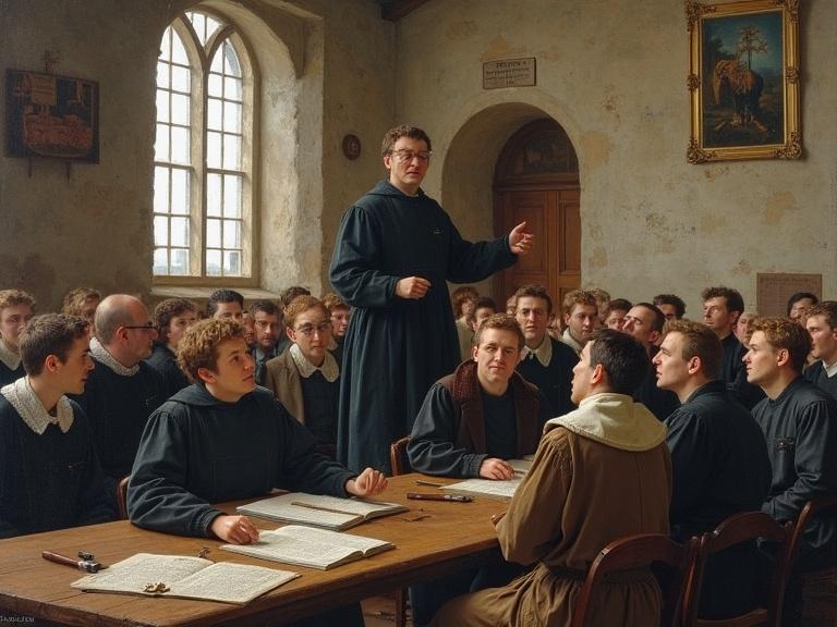 Depiction of a classroom scene focusing on Martin Luther's influence in Erfurt. A teacher stands addressing a group of attentive students. The room is rustic with historical details.