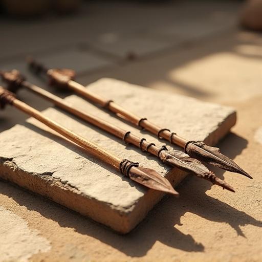 3 rustic arrows made of cane with rusty nail tips and feather fletching. They are laid on a stone surface in a sunlit patio.