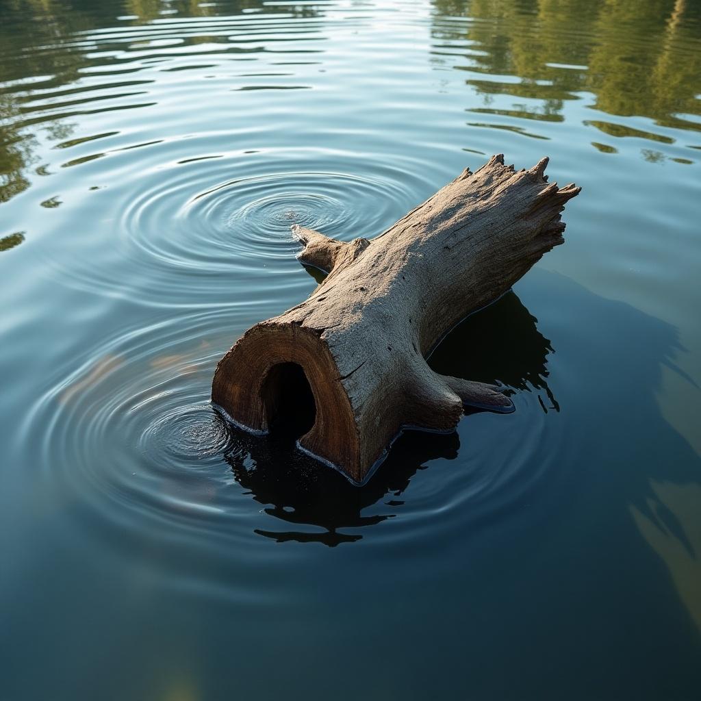 Irregular tree trunk submerged in water. Ripples emanate from it. Vibrations or slight movements visible.