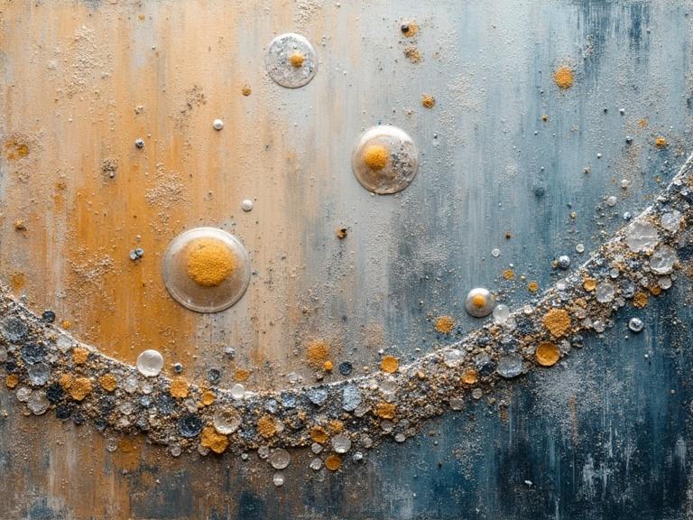 Digital art featuring thick and textured impasto techniques. Multi-layered composition with elements like newspaper, jute fibers, wood, and sand. Includes splashed milk and glittering confetti. Skilfully displays scratches, drops, and tears in a close-up view. Emphasizes silver bioluminescent effects and abstract textures.