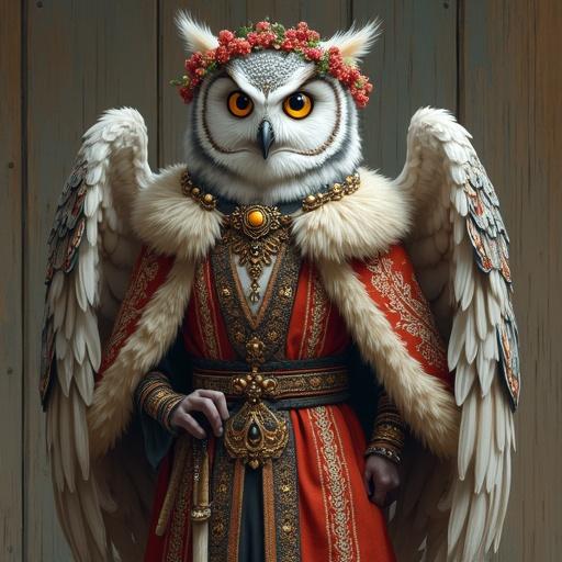 Character design for an anthropomorphic owl with light gray fur. Dressed in Slavic folklore robes. Owl wings instead of arms. Layers of embroidered garments, beads, fur trim, and talismans. Floral wreath on her head. Wise glowing eyes. Intricate patterns on her dress and feathers blending into her wings. Full-length shot with stylish portrait qualities. Painterly textures and bold color accents on a wooden background. Inspired by Alberto Mielgo and The Witness.