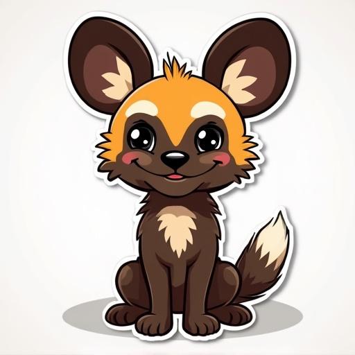 Kawaii style sticker art of a fuzzy African Wild Dog. Character has large ears and an adorable expression. The dog features a fluffy tail and playful demeanor.