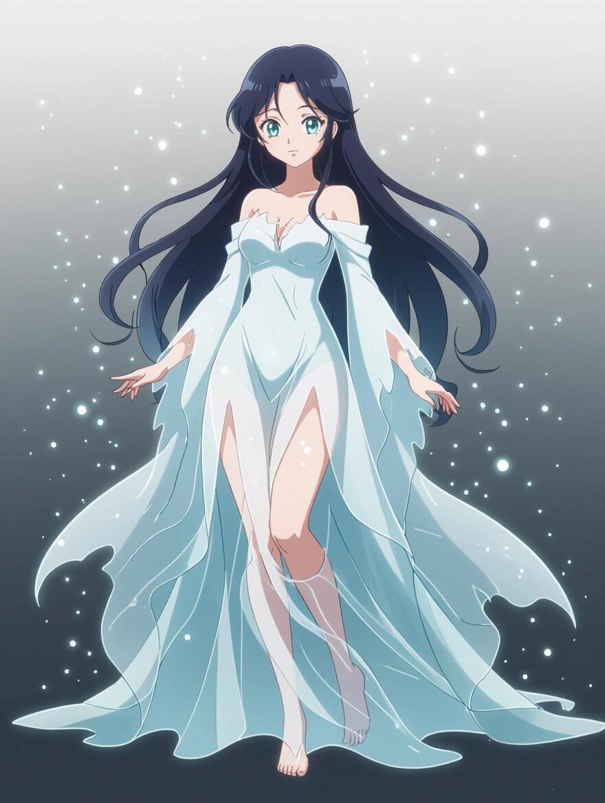 Ultra-high resolution illustration of an anime-style female ghost character with a voluptuous curved figure. Character semi-transparent with soft glow. Long hair floats gently. Wears flowing ghostly gown. Large expressive eyes with calm gaze. Design shows supernatural elements: fading edges, floating particles, spectral aura, soft atmospheric lighting. No photorealism. Muted color palette, dark background. Rendered in ultra-high resolution with clean lines.