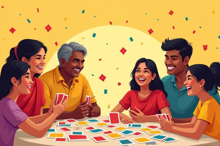 Cartoon illustration showcasing an Indian family laughing and playing cards around a table filled with colorful cards. The background features confetti with bright red and yellow as dominant colors. Text overlay reads FAMILY CARD GAME.