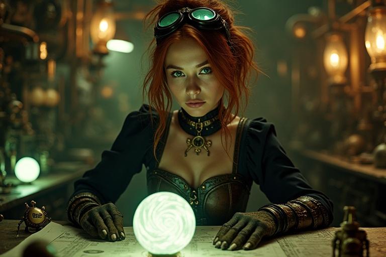 A steampunk engineer works in an underground workshop. She has shoulder length auburn hair and steampunk goggles on her forehead. Deep emerald-green eyes shine behind mechanical glasses. The engineer wears a leather corset and dark blouse. She has fingerless gloves covered in soot. Tiny clockwork automatons move on the table. The atmosphere is dark and illuminated by gas lamps.