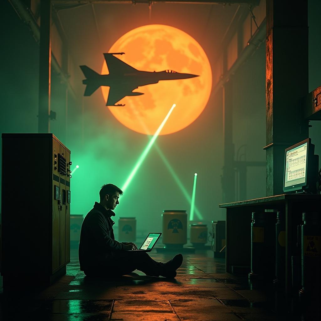 An engineer sits on the floor of a dimly lit lab programming on a laptop. Beside him stands an electrical control panel with barrels marked with radiation warnings in the background. Green laser beams cut through smoky air while an orange sun illuminates the scene. A fighter jet flies overhead adding action to the environment. A computer monitor displays 'Silex 2' and 'Rise of Brendan'.