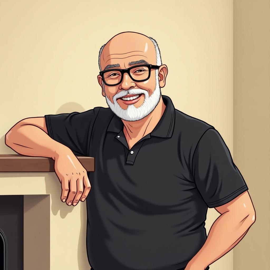 Cartoon character of a middle-aged man, bald, salt and pepper beard, wearing glasses in black polo shirt. Man leans on a light-beige fireplace, looks happy.