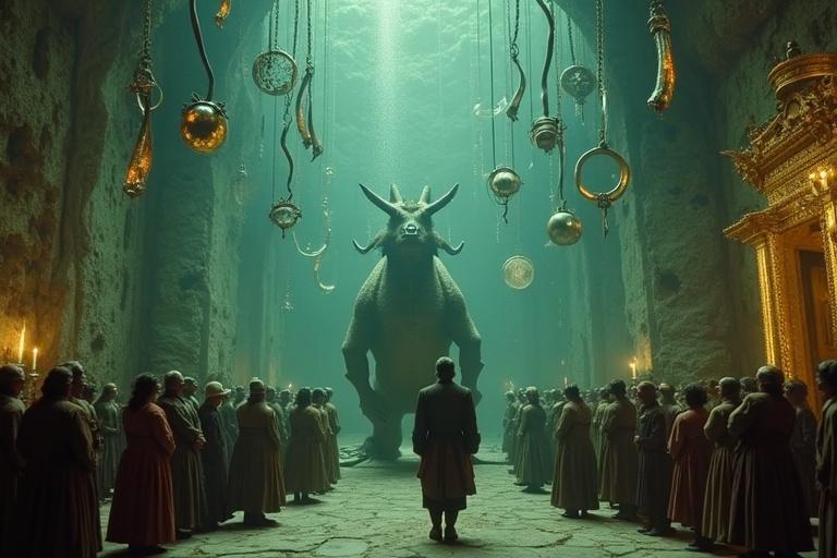 A surreal scene featuring men in historical costumes around a fantastical anteater-like creature. Artworks characterized by atmospheric lighting and intriguing symbolism. The scene is in an underwater grotto, with hanging stylized objects and an elaborate architectural design. It evokes mystery and ceremony, highlighting fantasy and spectacle.