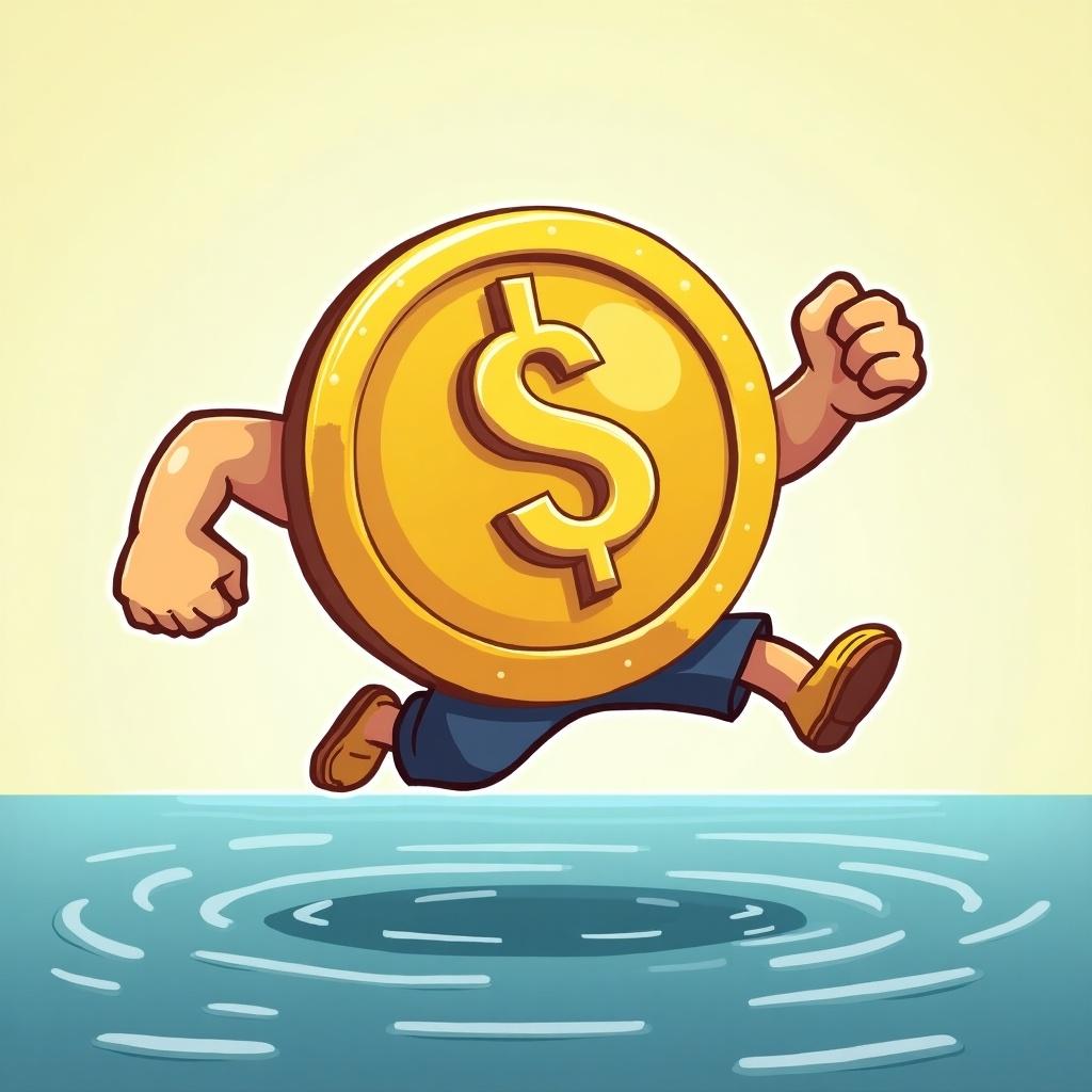 A muscular cartoon character in the shape of a golden coin labeled '$TRP' jumps over a body of water.