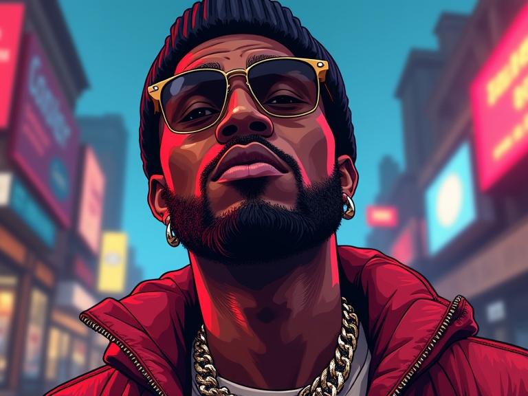A confident Black male rapper poses full frontal. Styled after Grand Theft Auto video games. Urban streetwear with flashy accessories. Bold contour lines and vivid colors enhance dramatic lighting. Gritty city textures add depth to the urban scene.