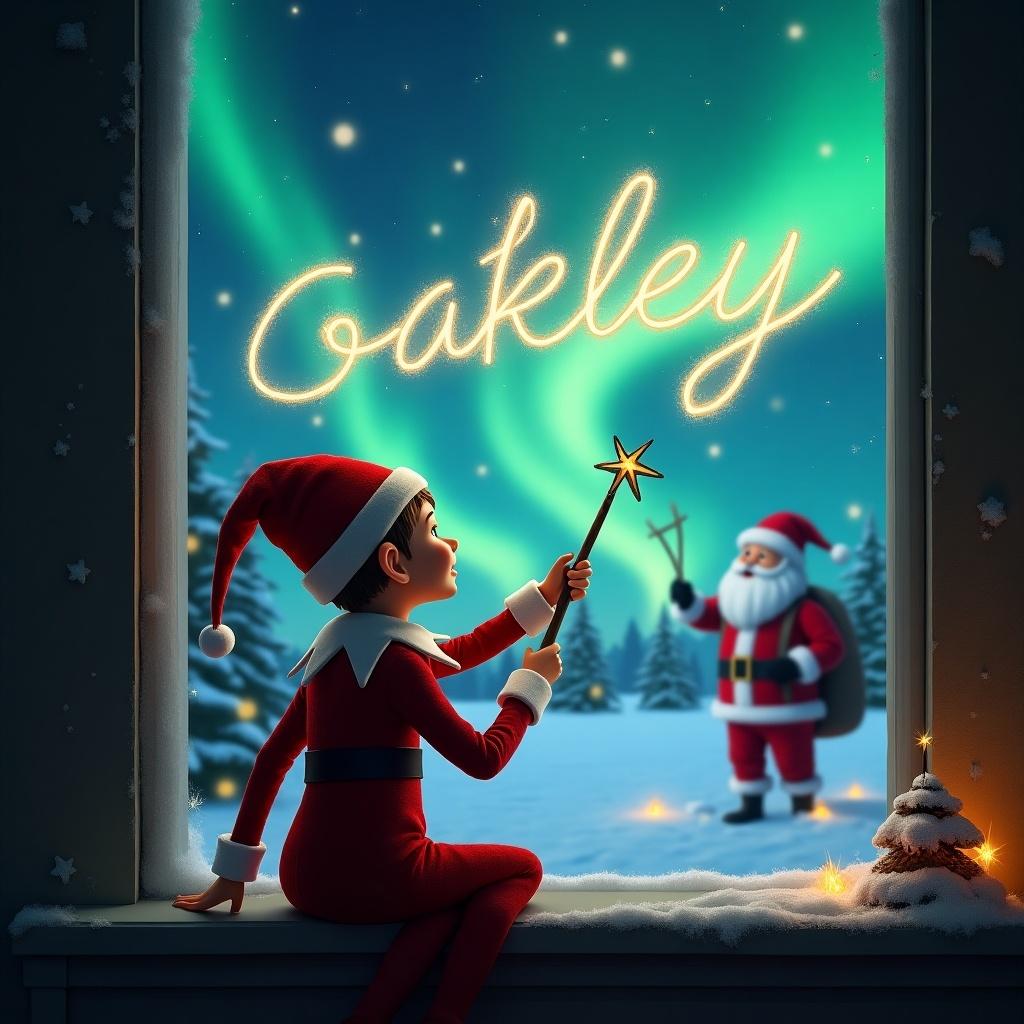 The image features a joyful elf on the shelf with his back to the viewer, gazing up at a stunning night sky. He holds a sparkling wand, using it to magically write the name 'Oakley' in glowing letters against the backdrop of vibrant northern lights. In the distance, Santa Claus is visible, adding to the festive scene. Surrounded by snow-covered trees and a cozy window frame, this illustration creates a magical Christmas atmosphere. The elf's red outfit and Santa's traditional costume enhance the holiday spirit.