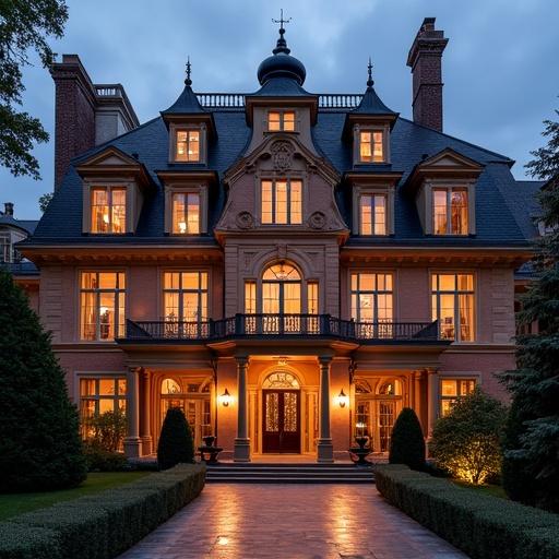 Image depicts a grand hotel resembling a mansion with detailed architecture and warm evening lighting, creating an enchanting atmosphere and inviting design.