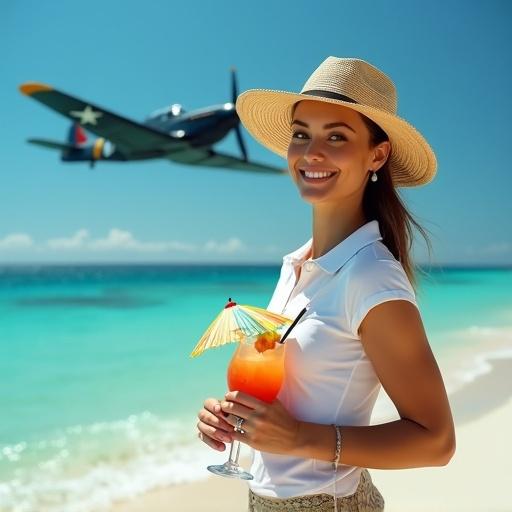 A woman stands on a tropical beach. Her legs are in clear water. She wears a straw hat and a white polo shirt. She holds her hat and a tropical cocktail. The background has a blue sky and sea. A World War II fighter plane flies overhead. She has a calm smile with expression lines. There is a Supermarine Spitfire in the background.