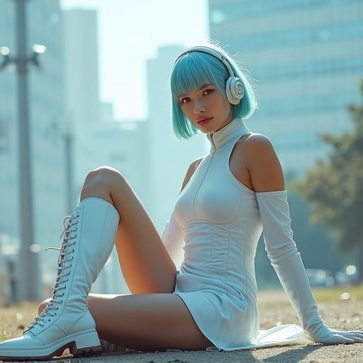 A pretty young woman from outer space with light blue bob hair. She wears a white futuristic sleeveless micro skirt dress and thigh high laceless boots. She sits on the ground with arm covers. A spaceship is visible in the background of a park in the suburb of Tokyo.