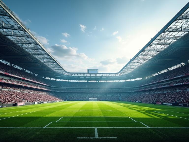 Professional classic football stadium photo showcases full view. Captured stadium with fans and well-maintained pitch. Bright day with blue sky and clouds.