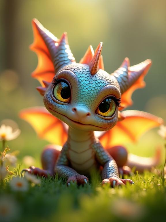Cute baby anthropomorphic dragon with iridescent scales. Big expressive gold eyes. Rainbow metallic fur and translucent wings. Sitting on soft green grass in a forest glade with wildflowers. Sunlight ray enhances its charm. Sleepy grin and half-closed eyes create a whimsical atmosphere.