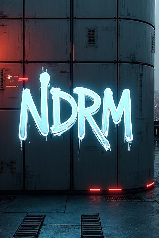 Futuristic sci-fi urban wall with metallic panels. Letters 'NDRM' spray-painted in white graffiti with neon highlights. Background shows dark dystopian cityscape with distant lights. Moody atmosphere.