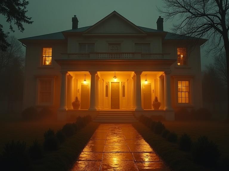 Cinematic film still of a large mansion transformed into a motel. Features a grand entrance with columns. Styled in film noir with warm golden lighting. High contrast and detailed textures create a vibrant scene with misty surroundings and a mysterious ambiance.