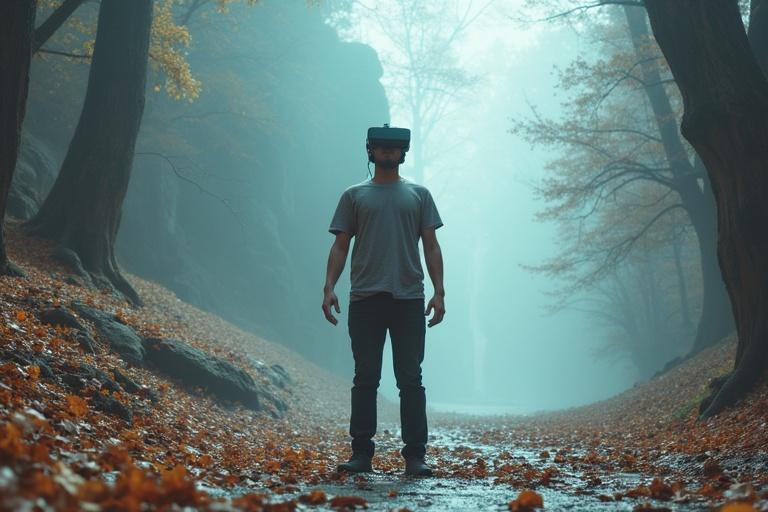A person reacting in a fantasy world while wearing VR goggles. The surroundings are an autumn forest with mist.